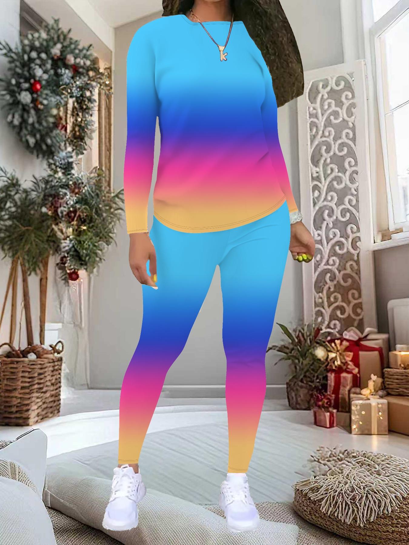 

Women s Gradient Color Print 2-Piece Outfit: Long Sleeve Crew Neck Top & Pants, Holiday Limited Casual Party Gift Suit XXL синий