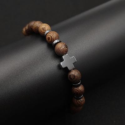 Schwarzes Hämatit-Kreuzarmband mit Holzperlen – Handgefertigtes Unisex-Accessoire aus Schnur