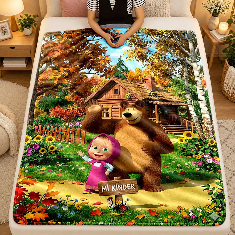 Flannel BlanketMasha and the Bear Warm Soft Throw Blanket for Indoor Sofa Bed Living Room Use