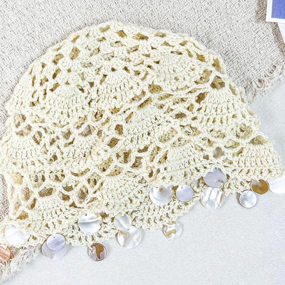 Solid Color Shell Tassels Hat Thin Bohemian Style Beanies Fashion Woven Pullover Cap Pullover Hat