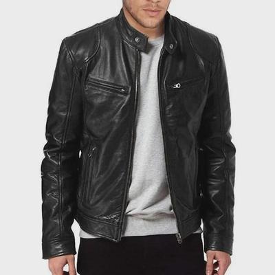 2023 Men's Slim Stand Collar Leather Jacket with Zipper Pocket