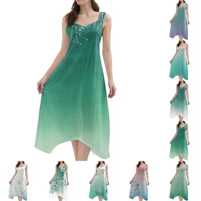Women's Casual Fashion Round Neck Sleeveless Print Irregular Hem Midi Dress