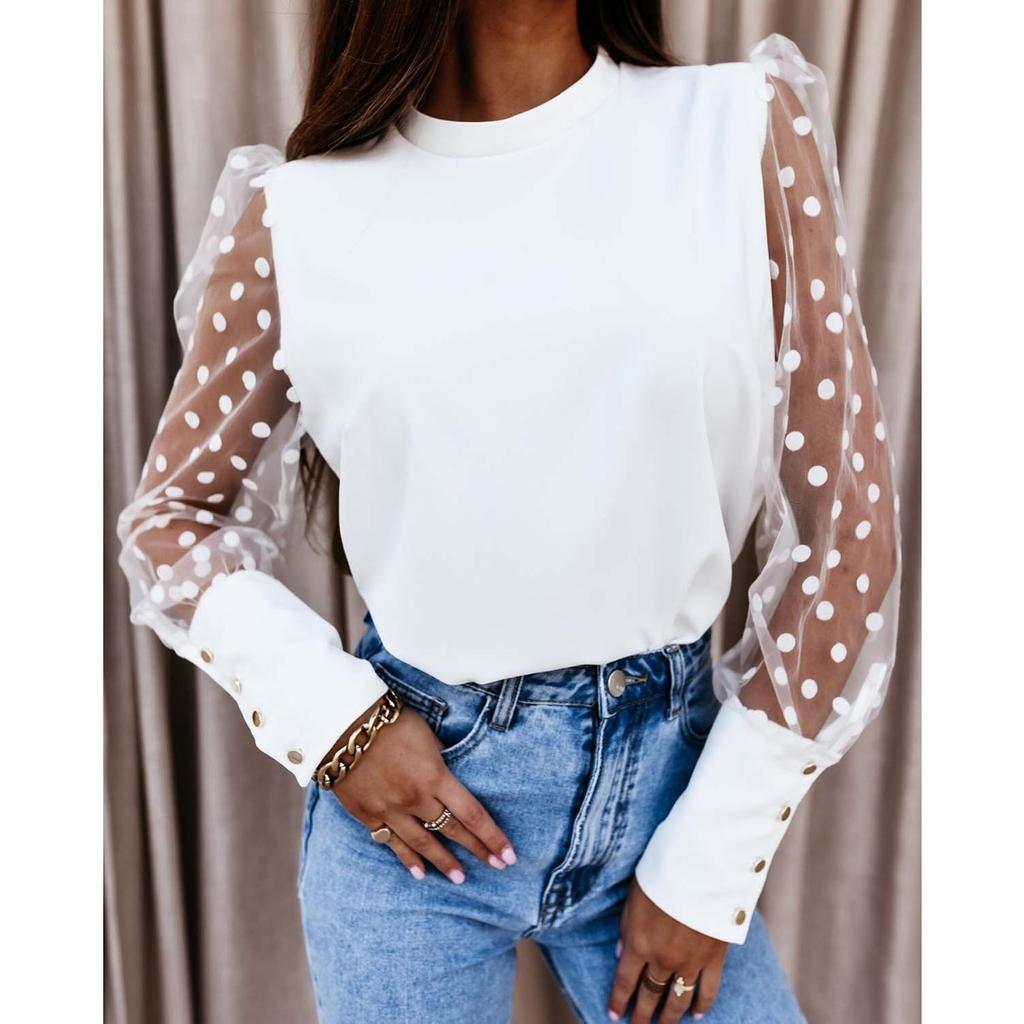 Spring Summer Women's Solid Color Mesh Spliced Long Sleeve T-Shirt, European & American Style Casual Top for Women