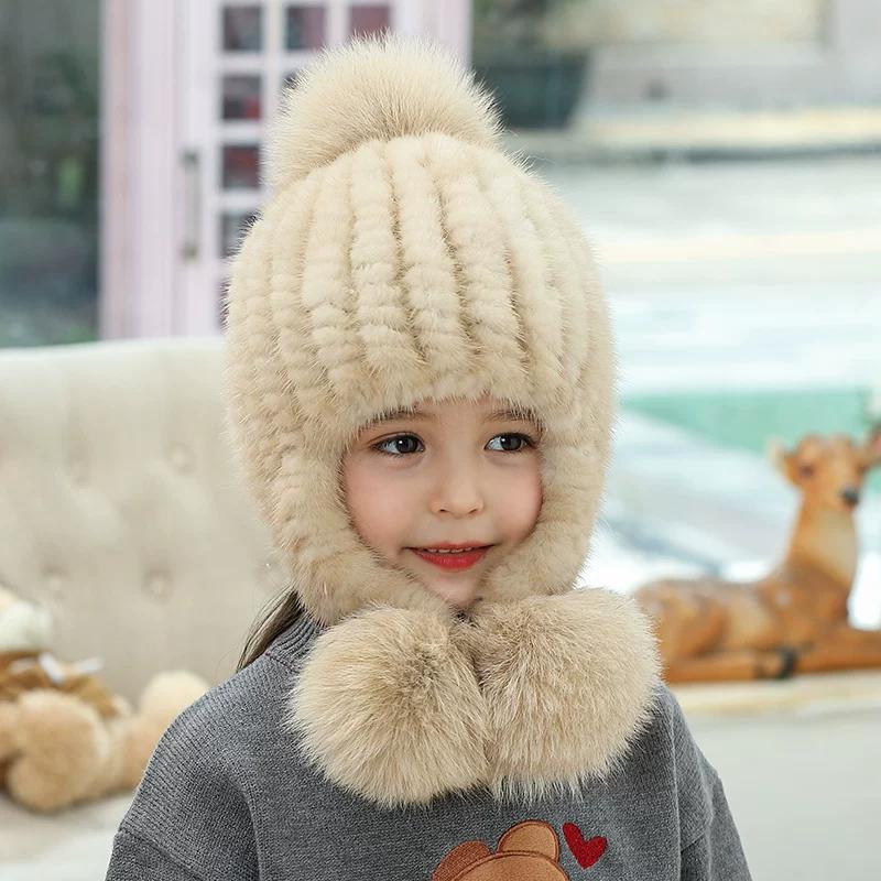 

Children s Fur Hat Girl Autumn and Winter Ear Protection Warm Woven Hat Baby Cute Korean Version Plush Mink Hat 3-12years(50-56cm)