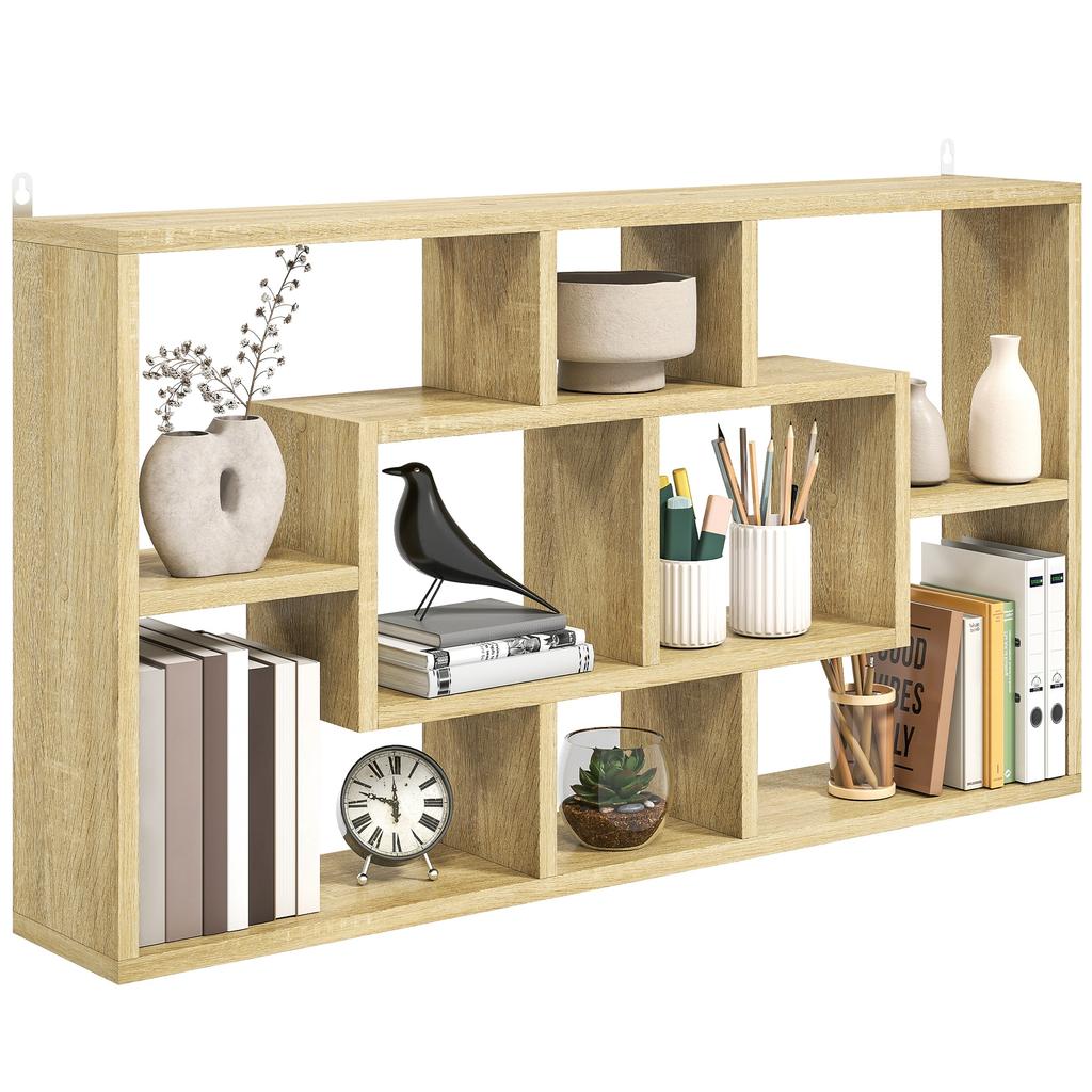 Decorative Wall Shelf, Bookshelf, CD Rack, 8 Cubes, 85 x 14.5 x 47.5 cm, Oak