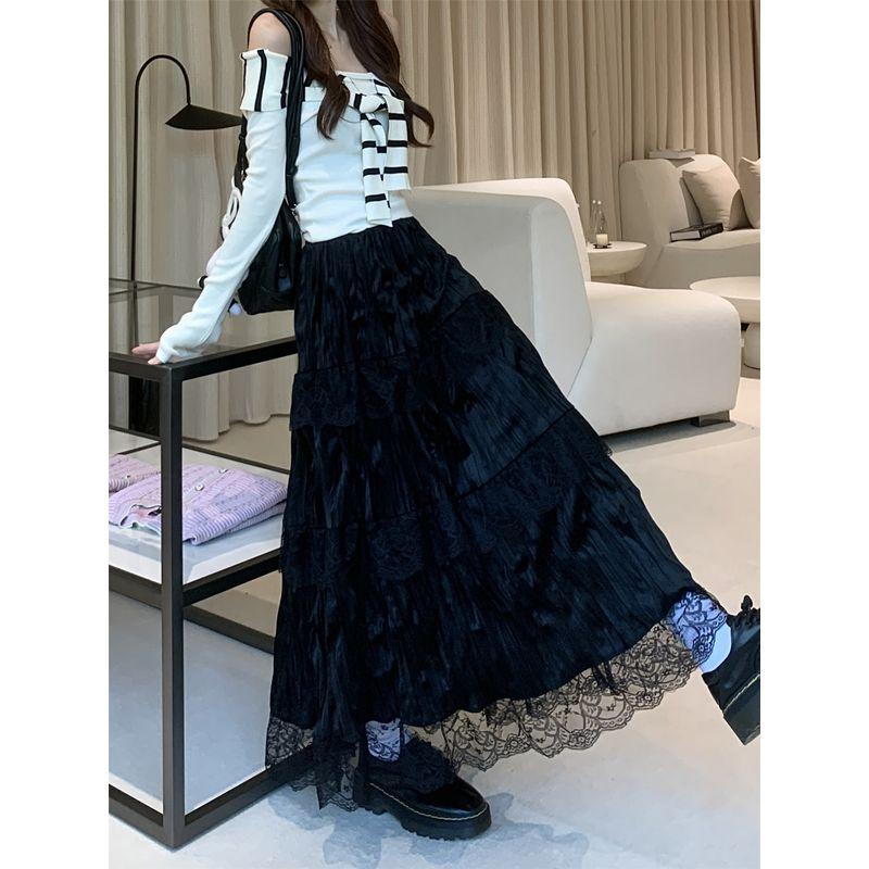 

Юбка плиссе Кумикуми Кружевная юбка Торт Юбка Женская Осень Драпировка Высокая талия Все-сочетаемая Юбка А-силуэта Длинное платье Black M