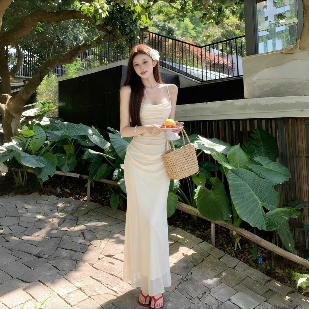 Light Luxury Swinging Neck Tulle Suspender Dress Female Slim Celebrity High-end Temperament Long Dress