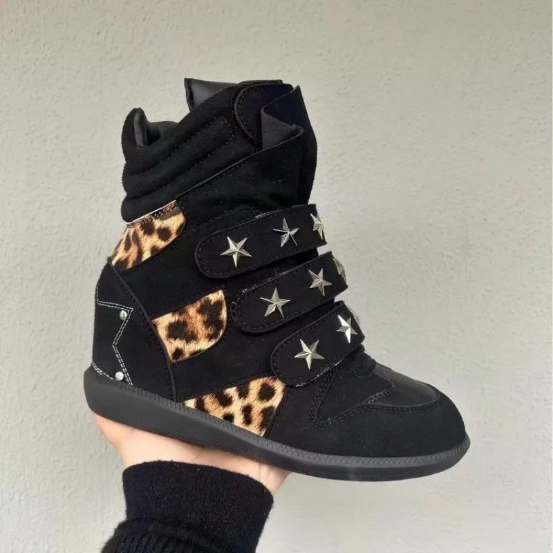 Leopard Freizeit-Sneaker Herbst/Winter Runde Spitze Gespleißte Innen-Höhenerhöhende Stiefel 36 schwarz