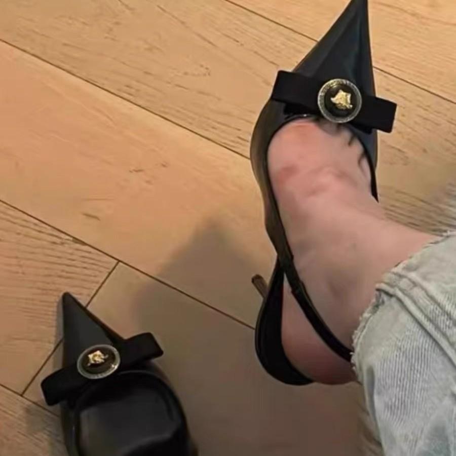 [Spot] Sandals Femininity Backspace Thin Heel Pointed Head Baotou Sexy High Heels Bow French Single Shoes