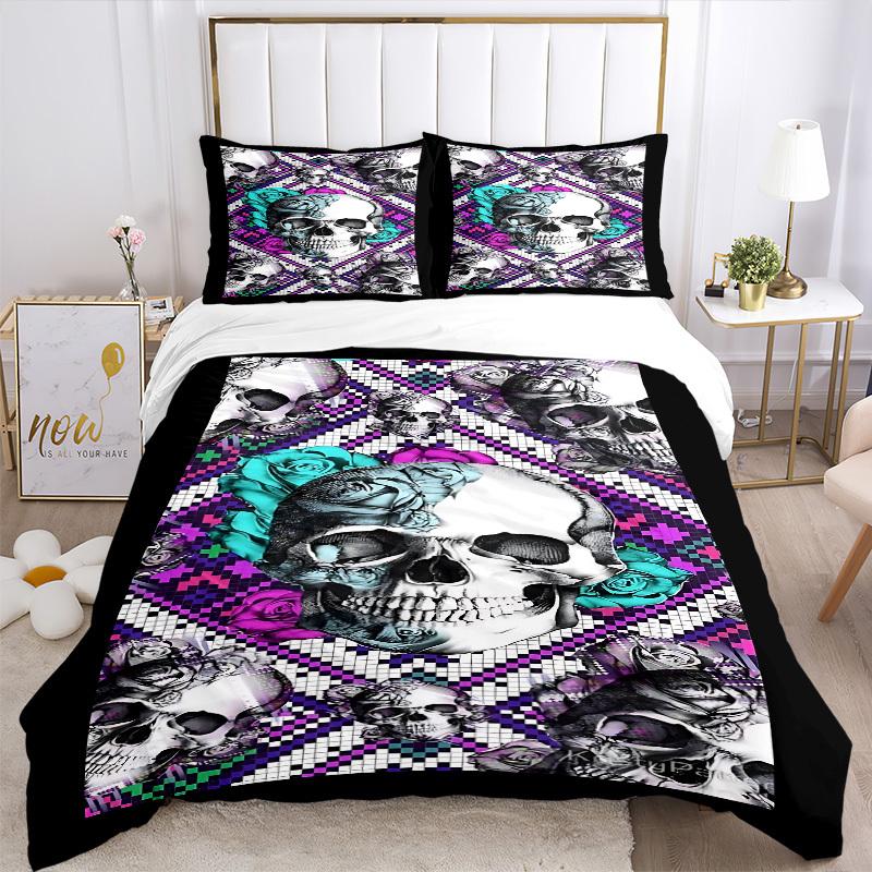 3pcs Skull Roses Duvet Cover Set -Includes 1 Duvet Cover and 2 Pillowcases, No Quilt Core, All-Season Home Decor Yy251111159