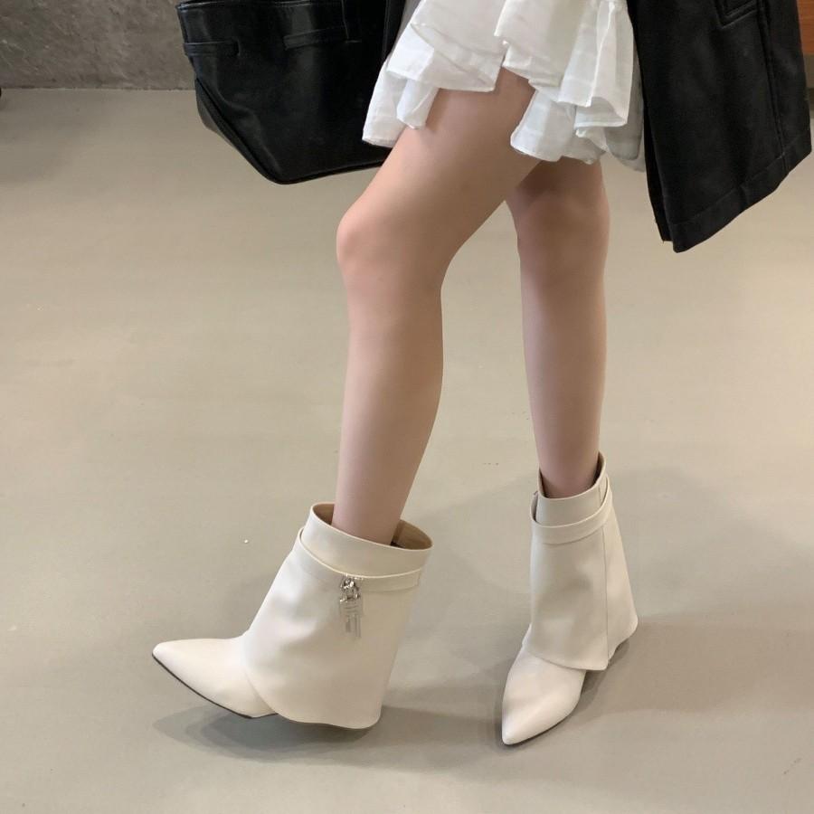 Europe and the United States 2025 New Slope Heel Trouser Boots Turn Over Trouser Boots Cigarette Tube Boots Fashion Women's Sleeve Boots Tide