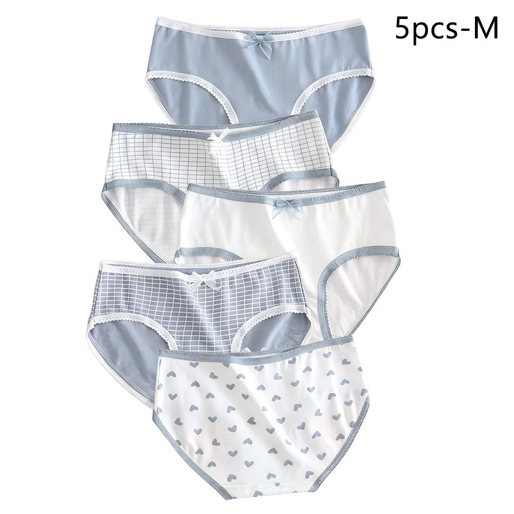 5Pcs/Set Bow Heart Underwear Set Plaid Print Intimates Lingerie Durable Cotton Panties for Ladies 5Pcs M