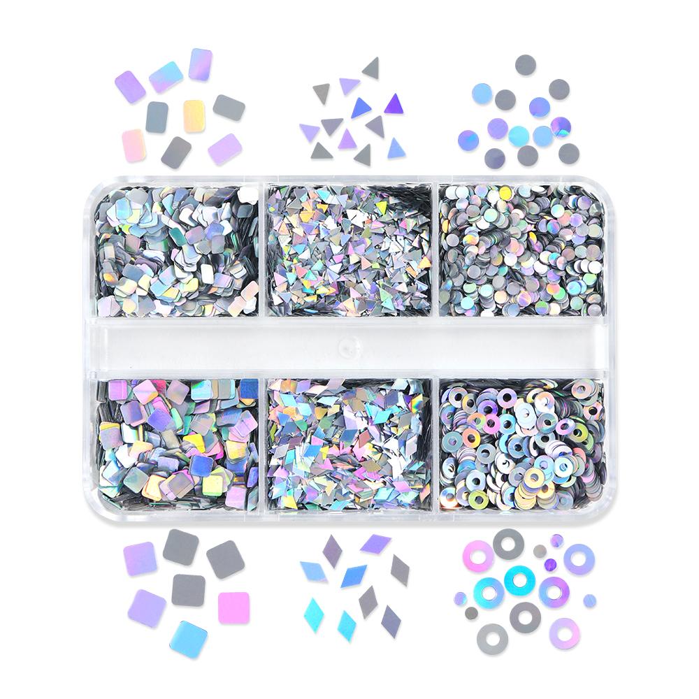 

6 сеток Голографические геометрические пайетки для украшения ногтей, Глиттер Ромбы, Круглые хлопья DIY материалы для дизайна ногтей, для женщин и девушек Декоративные элементы