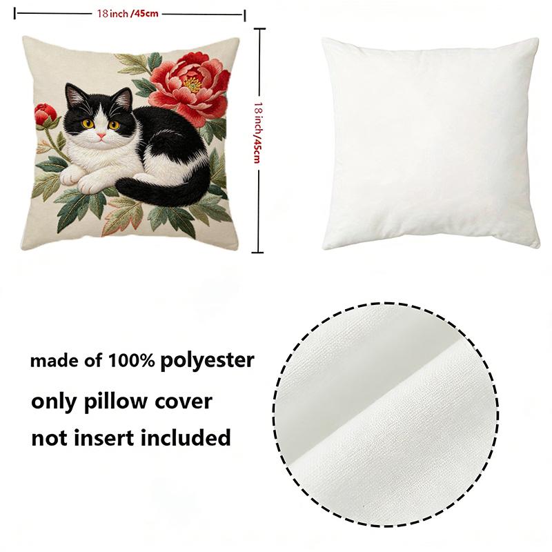 Vintage Peony & Tuxedo Cat Throw Pillow Covers Pattern Cushion Cover Suitable For Sofa Bedroom Car Pillow Cover