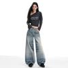 Women's Retro Blue Wide-Leg Jeans: Low-Rise, Loose, Straight, Floor-Length, Slimming Design for Autumn 2025