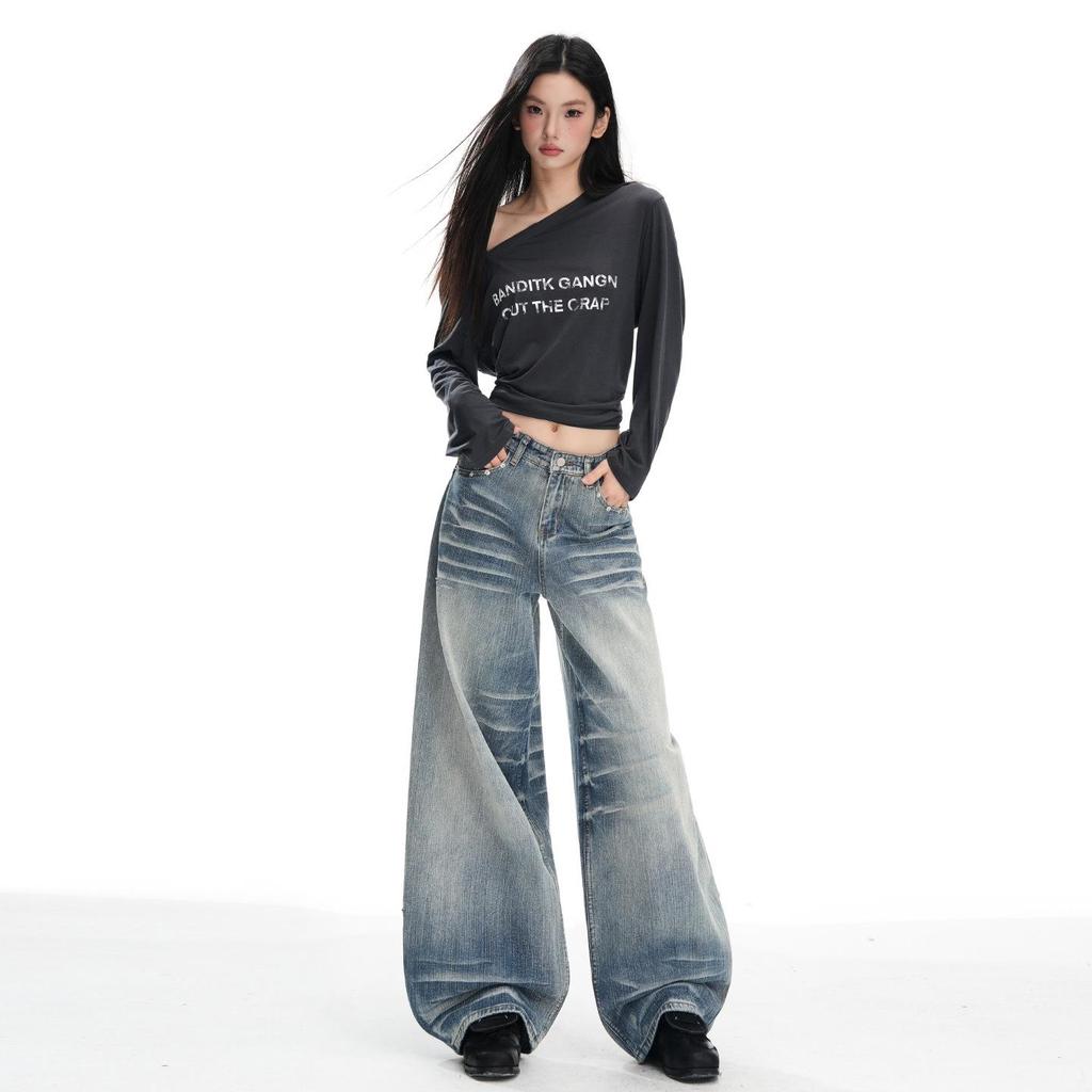 Women's Retro Blue Wide-Leg Jeans: Low-Rise, Loose, Straight, Floor-Length, Slimming Design for Autumn 2025