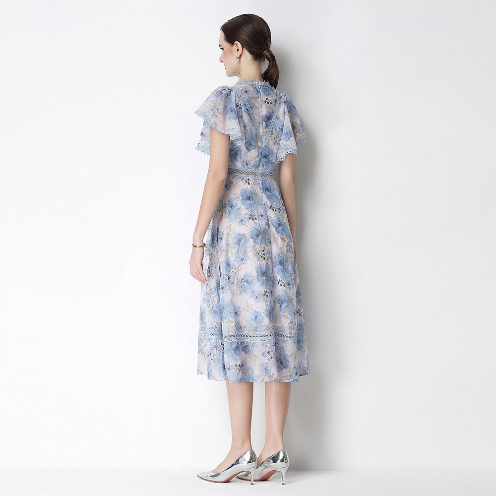 Vintage High-End O-Neck Short Sleeve Ruffle Lace Hollow Out Dress for Women's Summer Slim Elegant Long Dress Female Clothing