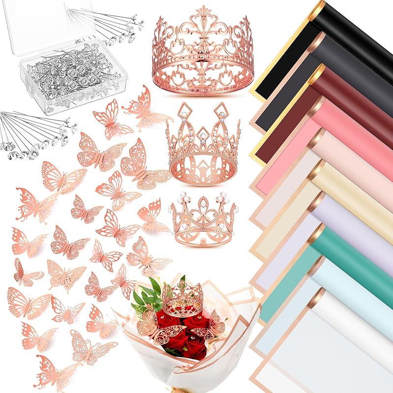 Qeeenar 40 Sheets Flower Bouquet Wrapping Paper Waterproof Florist Bouquet Packaging Paper with 3 Pcs Crowns 48 Pcs 3D Butterflies Decor 100 Pcs