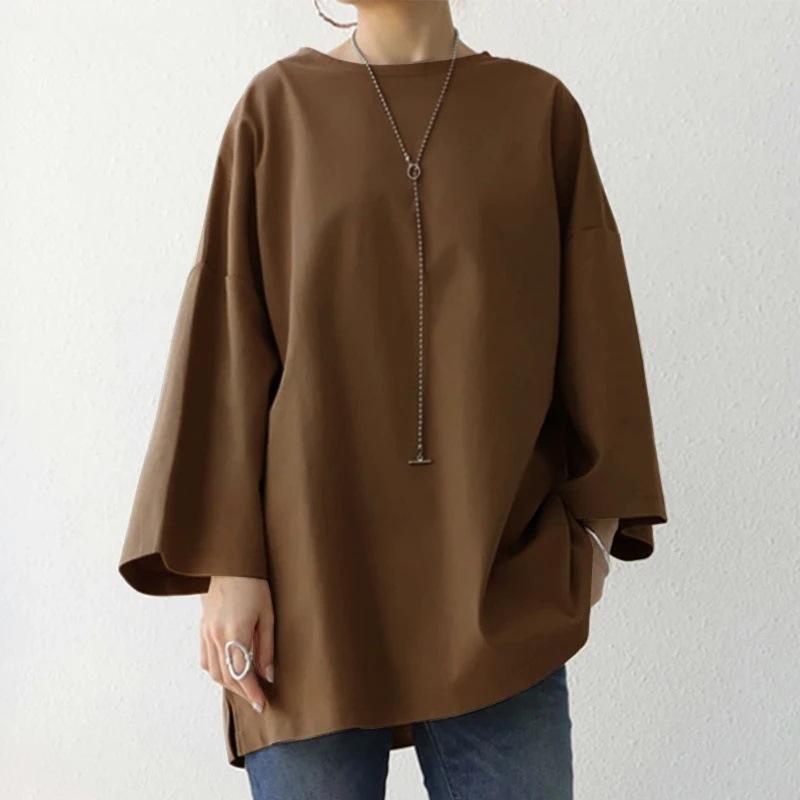Women's Solid Color Round Neck Loose T-Shirt Simple Split Long Sleeve Plus Size Top