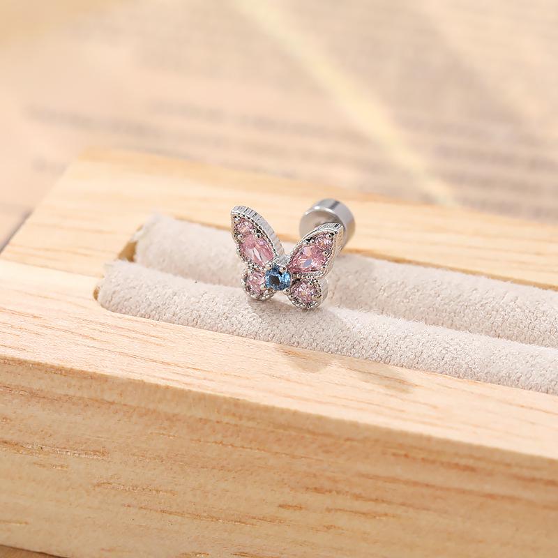 Pink Sweet Butterfly Zirconia Titanium Steel Ear Cartilage Studs for Women - Versatile, High-End Double Spiral Screw Design.