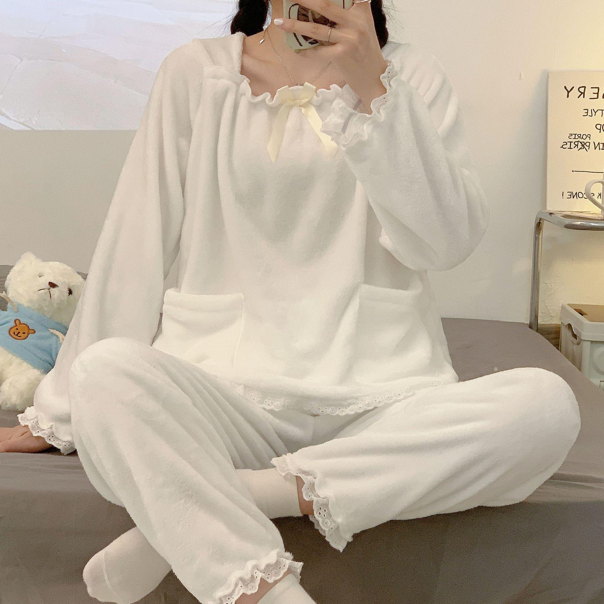 

Жіночий фланелевий піжамний комплект з квадратним коміром: Милий, товстий кораловий фліс на осінь/зиму - великий розмір, стиль принцеси. XXL