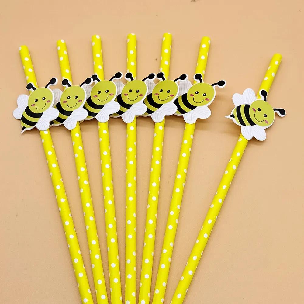 100Pcs Sweet Bee Theme Disposable Paper Straws Bar Drinking Straw Tableware for Kids Birthday Baby Shower Party Decorations
