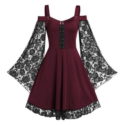 Robe gothique pour femme à épaules dénudées en dentelle à manches cloche à lacets évasée mini-robe