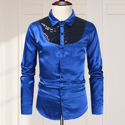 Spring Fall Men Shirt Sequin Smooth Surface Single-breasted Patchwork Turn-down Collar Cardigan Long Sleeves Cosplay Club Dance Party Top