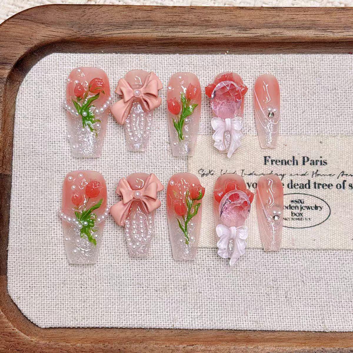 Pink Tulip 3D Flower Medium-Length Pointed Manicure Handmade Wearable Nails