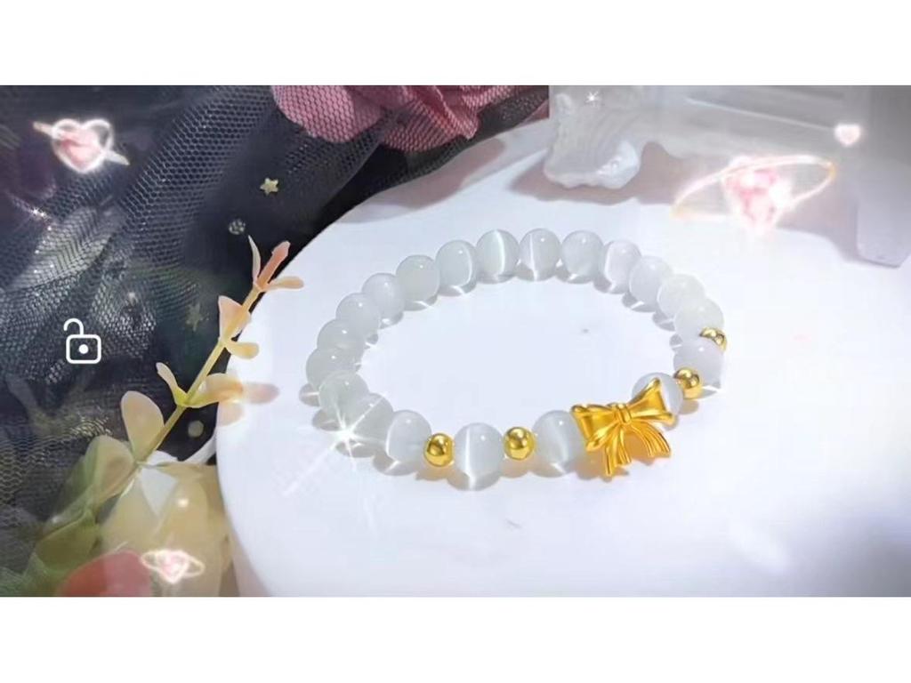 Vietnamese Gilt Brass Bow Bracelet with Cat's Eye Stone & Sand Gold Beads - Women's Elegant Jewelry