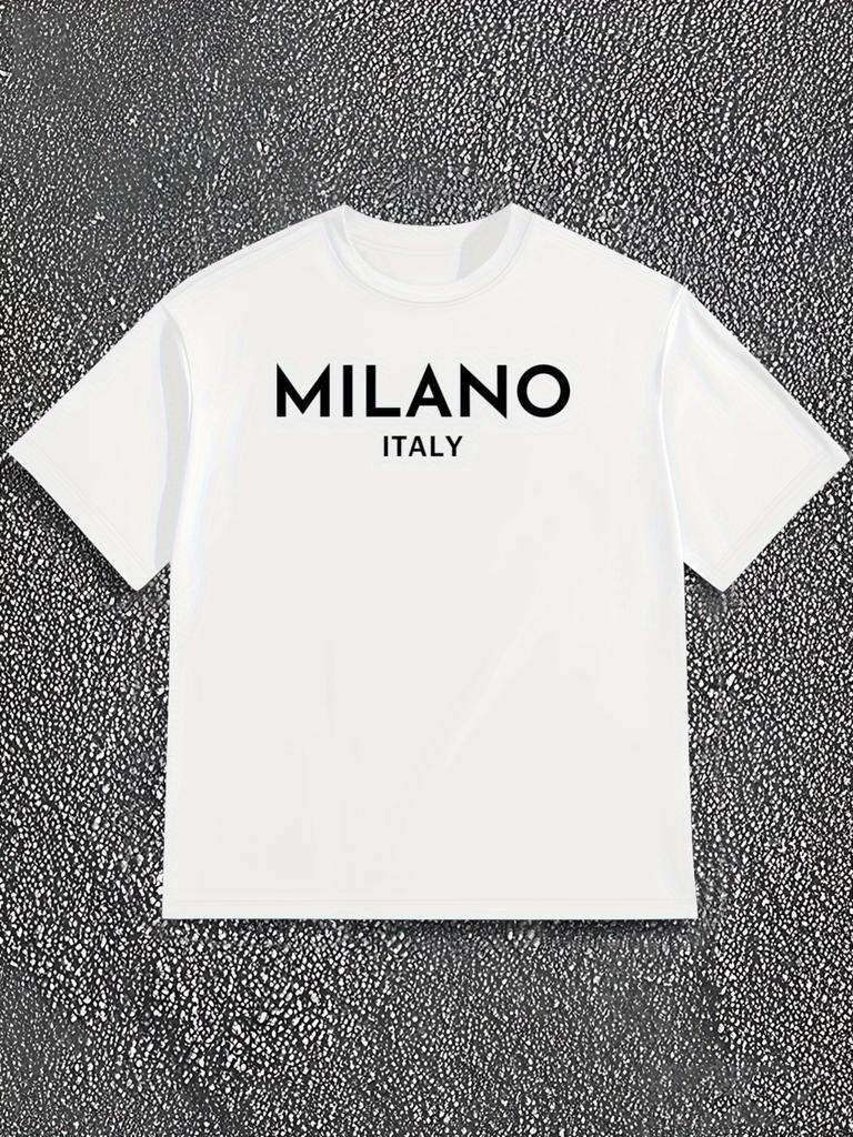 Unisex Weißes Rundhals-Kurzarm-T-Shirt Mit Milano Italien Textgrafik Weicher Stoff Lässiges Tägliches Tragen Trendiges T-Shirt