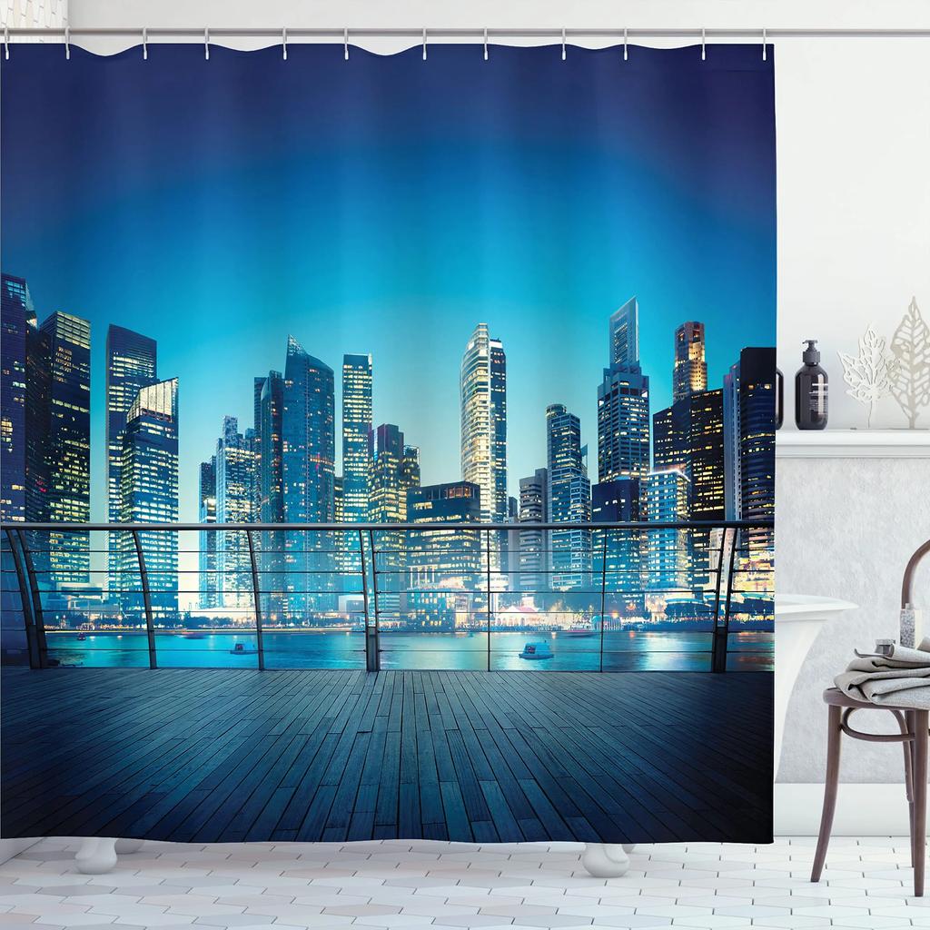 Cityscape Shower Curtain, Modern Skyscraper Skyline Famous Building Bathroom Curtain Waterproof Fabric Shower Curtain With Hooks