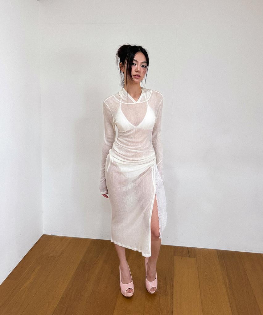 VINAJ Lace Shirring Mix Hooded See-Through Dress (White)