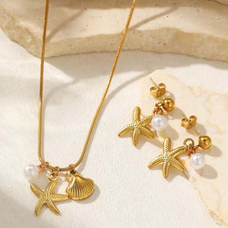 Stainless Steel Starfish Shell Pendant Necklaces For Women Fashion Gold Color Clavicle Chain Choker Beach Jewelry Summer Gifts