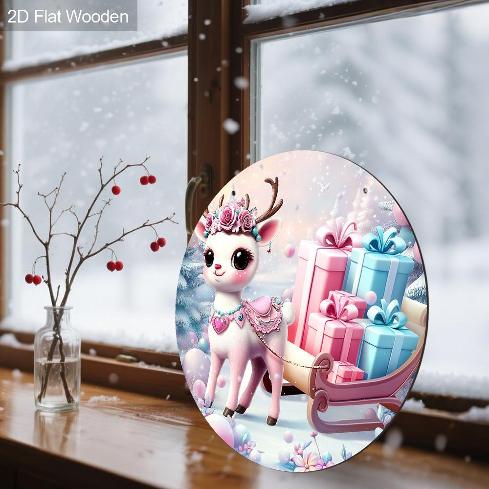 2D Flat Pink Wooden Christmas Sign, Charming Decorative Plaque with Adorable Elk Sled Pattern, Ideal for Front Door, Home, Office Decor