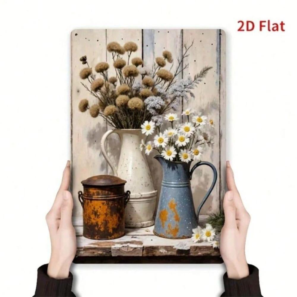 Metal Wall Art Vintage Farmhouse Decor Daisy Vase for Living Room