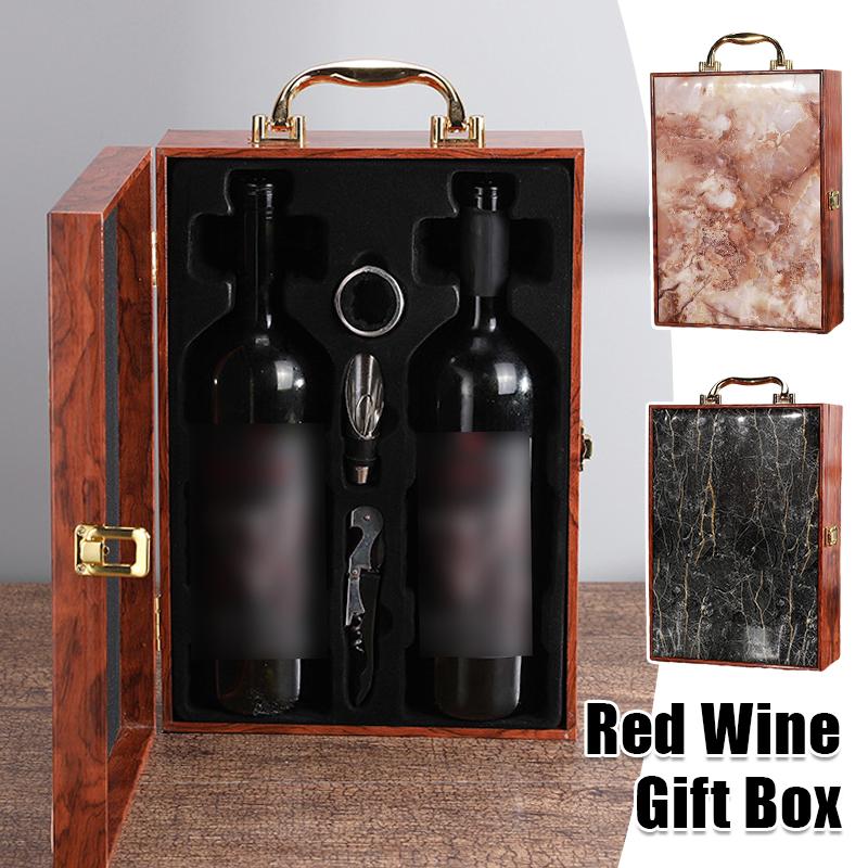 Роскошный мраморный узор, двойная коробка для красного вина, ретро-деревянная коробка для вина, органайзер для хранения шампанского, подарочная коробка, бутылка, упаковка с ручкой