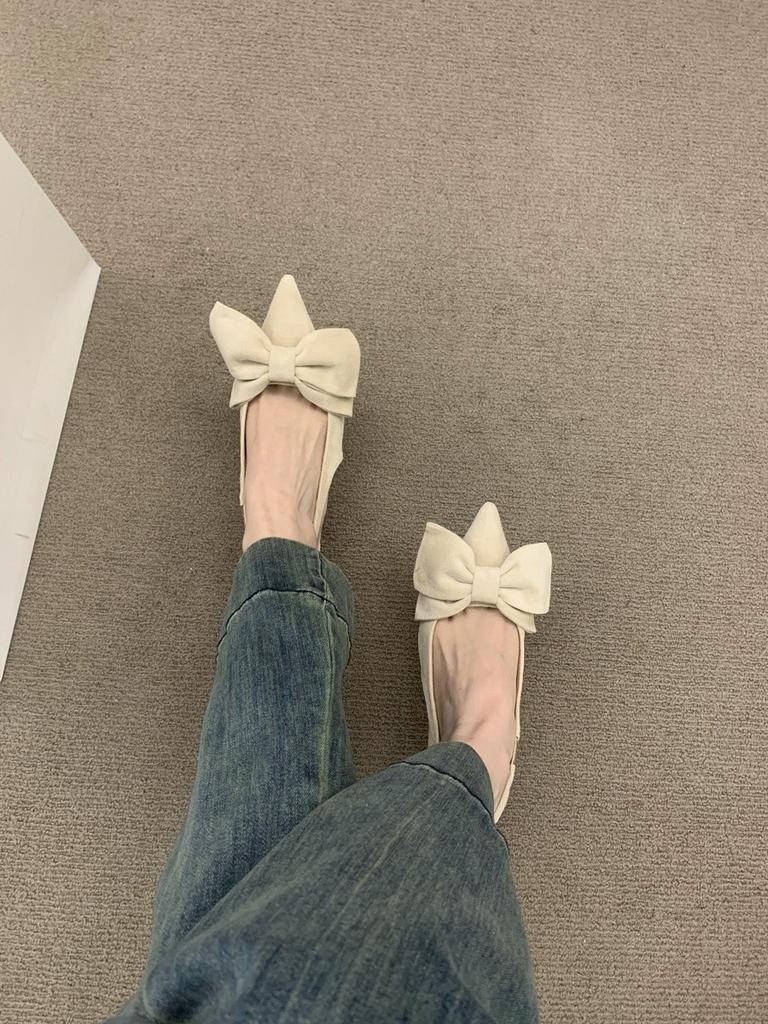 Suede Big Bow Bag Head Sandals Women's Shoes Kitten Heel Empty Pointed Head Beautiful Single Shoes Women