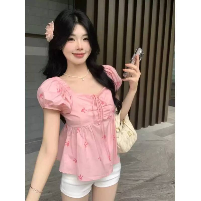 Princess Style Printed Blouse With Puff Sleeves For Summer Casual Wear