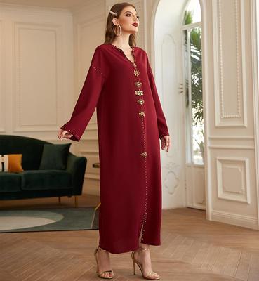 Muslim Dress V-neck Handmade Beaded Rhinestones Thin Loose Robe Middle Eastern Dress