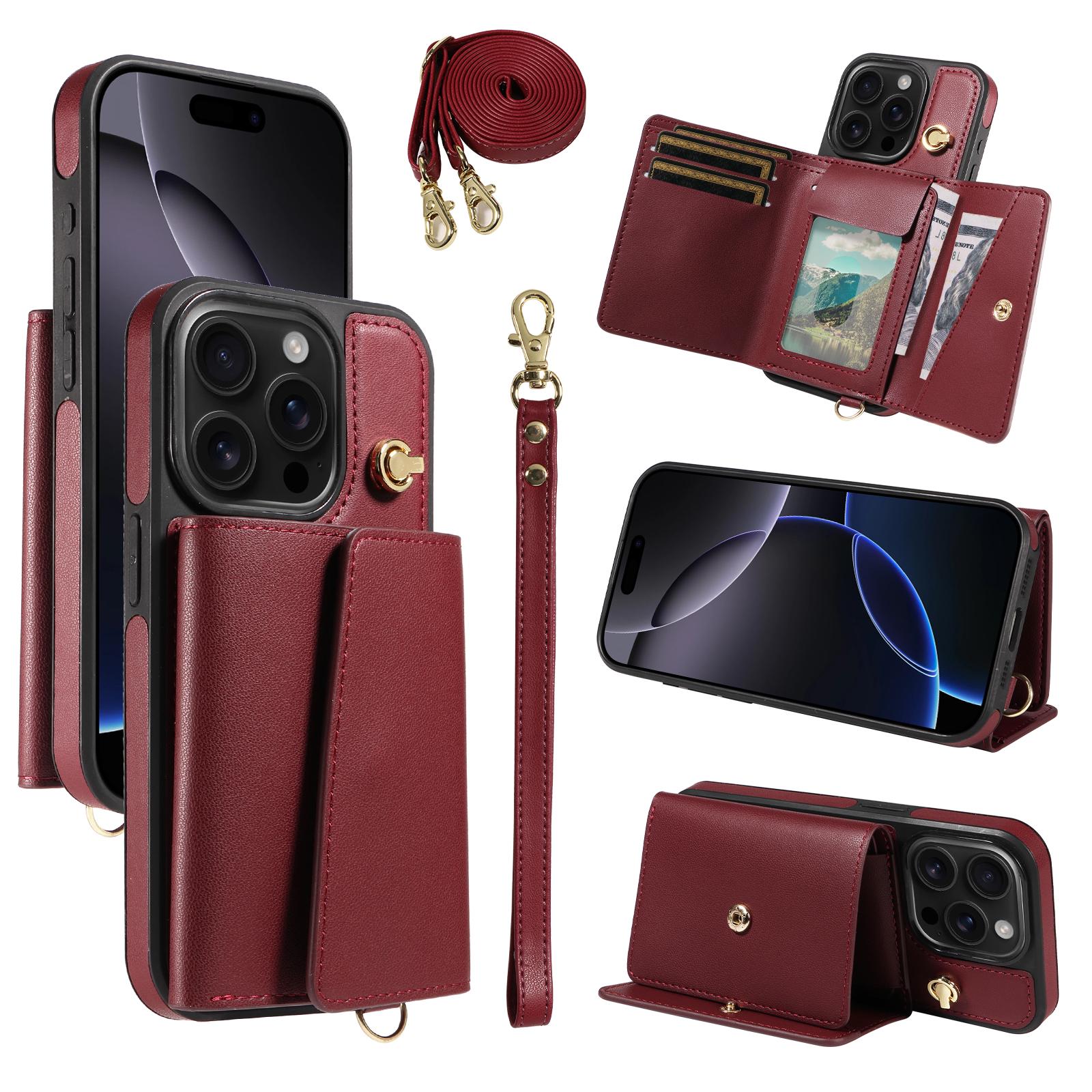 

For iPhone 16 Pro Crossbody Phone Case Card Holder Kickstand Leather Coated TPU Mobile Cover B