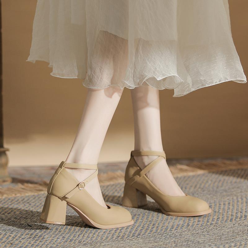 Baikadi Mary Jane Women's Shoes High Heels 2025 Summer New Cheongsam Cross Buckle Strap Thick Heel Single Shoes Women