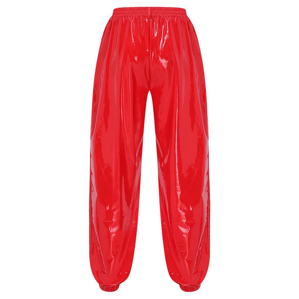 Men Glossy PU Leather Jogger Pants with Metal Chain Detail Elastic Waistband Side Pockets Punk Clubwear Trousers for Rave Party