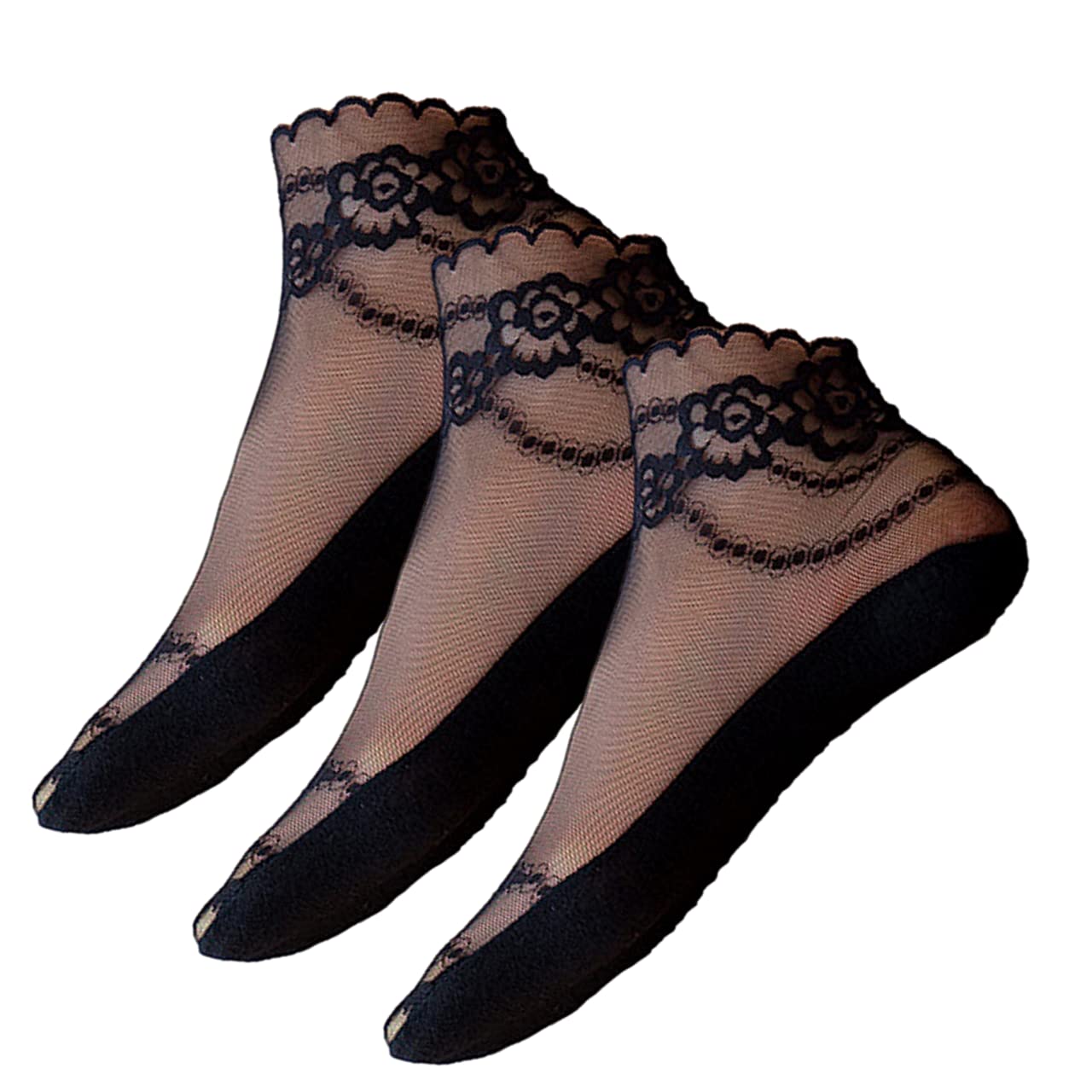 

One Drop Floral Lace Short Crew Length Sizes Floral Crew Adult Black See-Through Socks, Pattern, Transparent, Pumps, 3-Pair Set, Women s, Summer, чёрный