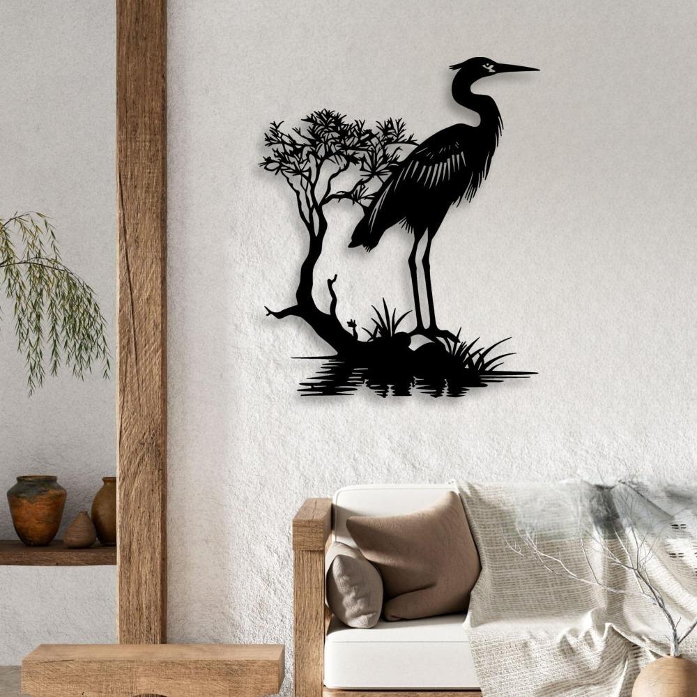 Metal Crane Wall Art, Japanese Style Black Decor for Living Room Bedroom Office