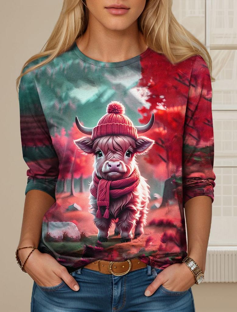 New Women's T Shirt 3D Print Kawaii Animal Graphics Long Sleeve Funny Crew Neck Regular Fit Spring/Fall Thin Style Sweatshirt