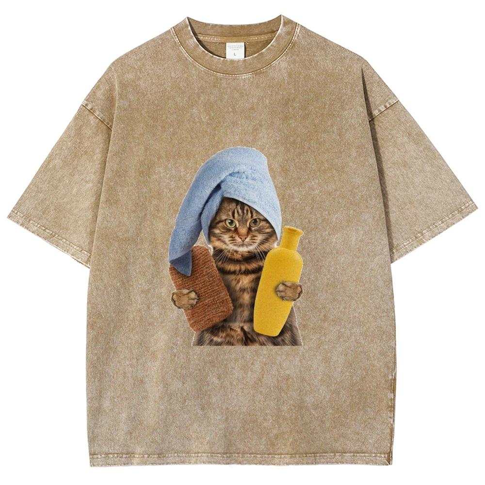 

Мужская и женская винтажная футболка с принтом милого кота, принимающего ванну, модный и летний свободный топ 3XL