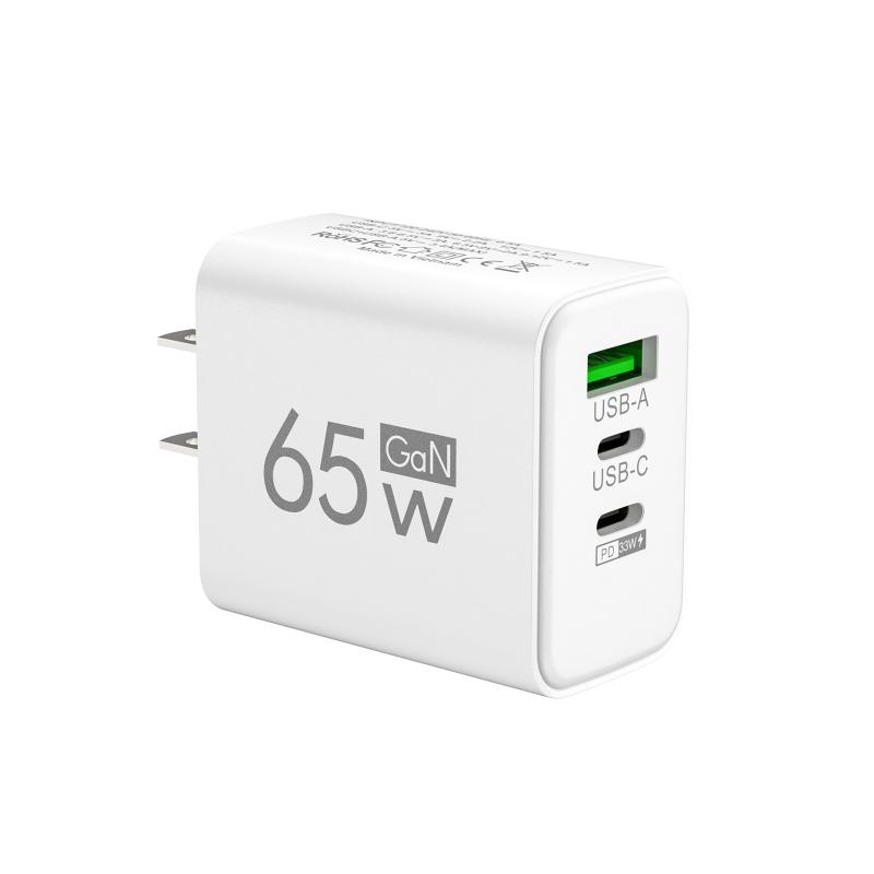 65W GaN Reise-Ladegerät EU-Stecker Dual USB C + USB A Port Schnelllade-Wandadapter Kompaktes Ladegerät für Telefon Laptop Tablet