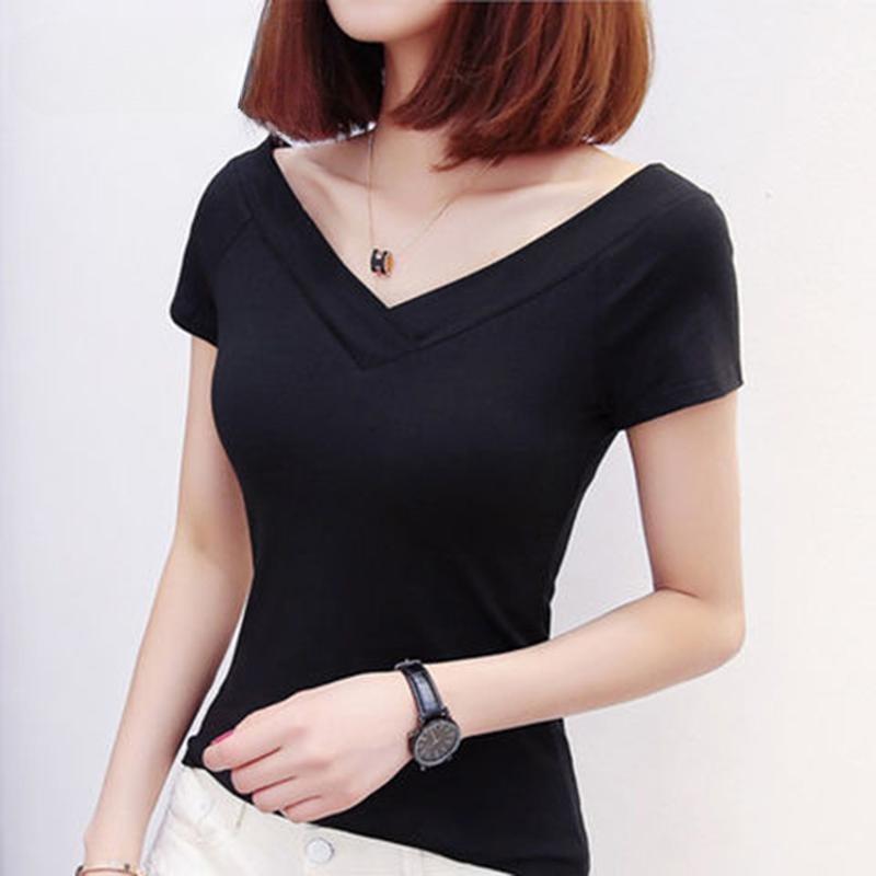 

Летняя женская сексуальная футболка с глубоким V-образным вырезом и коротким рукавом, повседневная нерегулярная однотонная футболка большого размера M