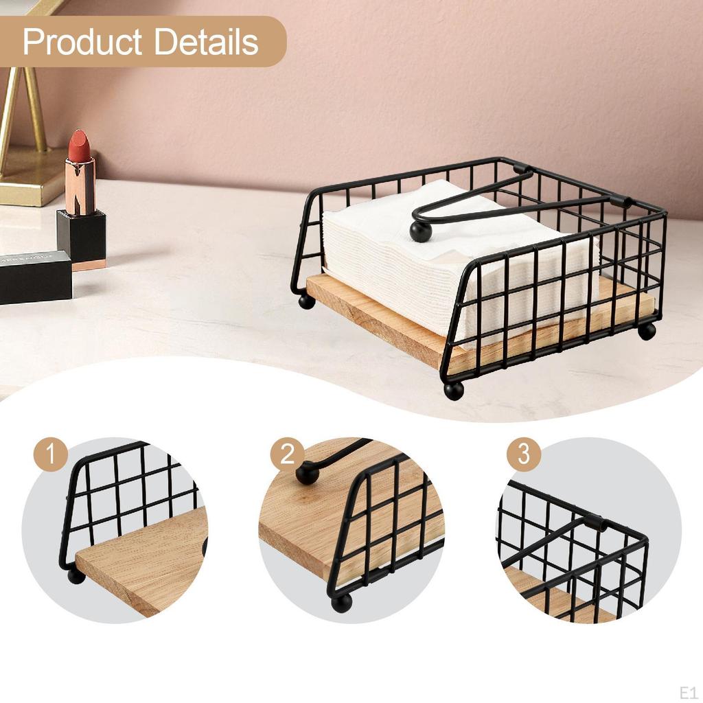 Napkin Holder Flat Dispenser Square Iron Paper Wood Base for Wedding Dining Table